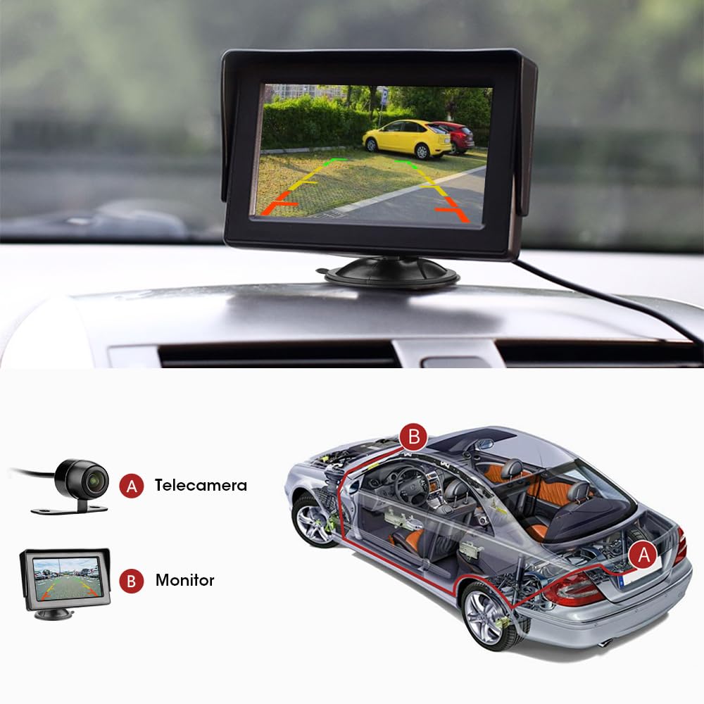 Telecamera di retromarcia per auto con monitor LCD da 4.3 '' Telecamera di retromarcia IP68 Impermeabile Kit di visione notturna Sistema di Assistenza Parcheggio