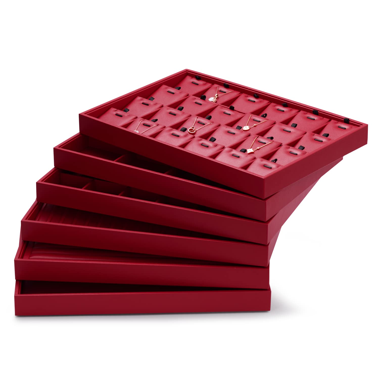 plateau à bijoux empilable en cuir, rangement de bijoux tiroir insert à bijoux organisateur présentoir à bijoux, 35x24x3cm (rouge vin)