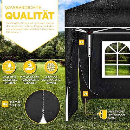 tillvex Paviljoen, 3 x 3 m, waterdicht, pop-upvouwtent, in hoogte verstelbaar, tuintent, uv-bescherming 50+, partytent met tas (zwart, met 4 zijpanelen) - Afbeelding 6