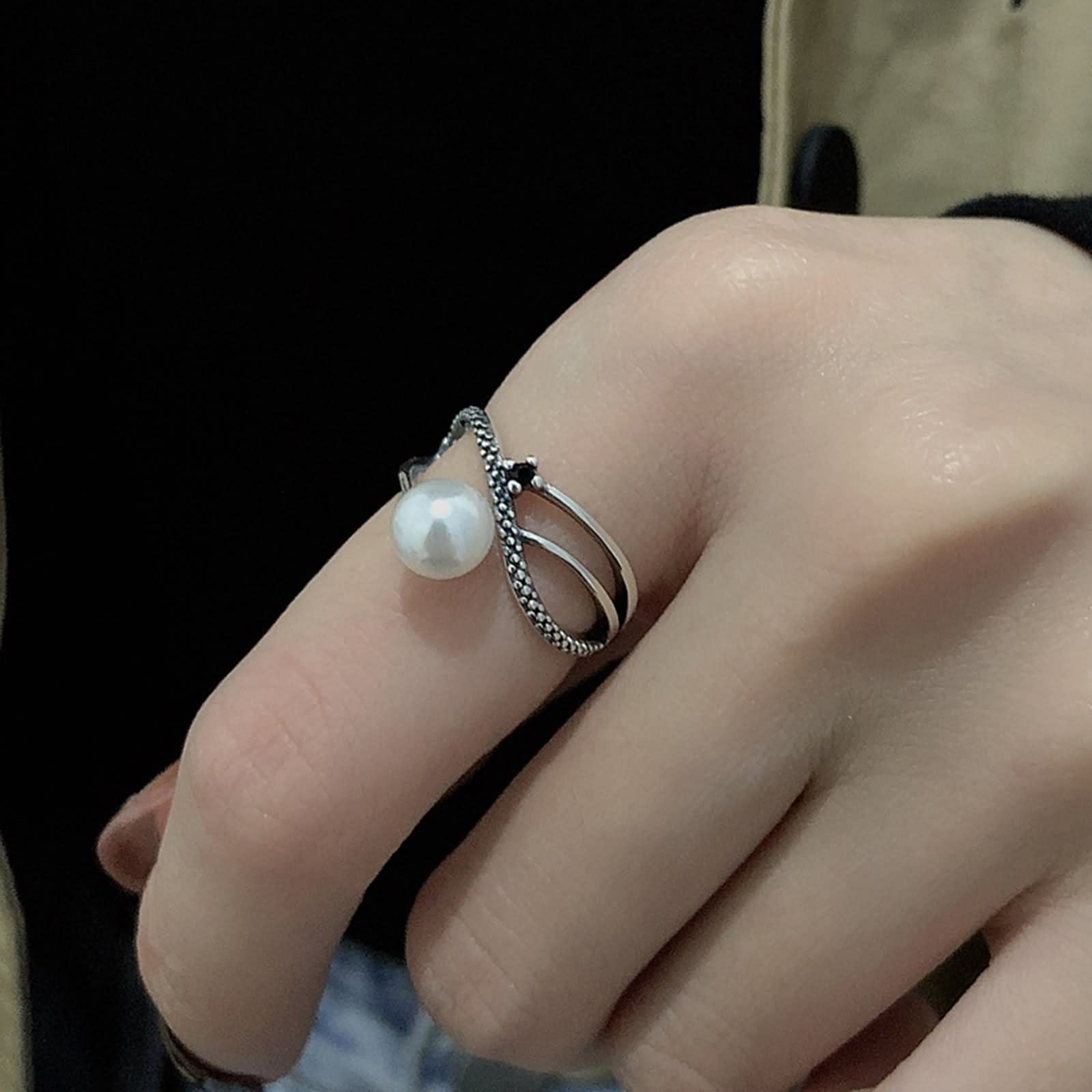 Anello di Fidanzamento in Argento Sterling, Anelli per Gioielli da Donna FEDI Nuziali in Filato Intrecciato Multistrato con Perle di zirconi Neri Misura Regolabile