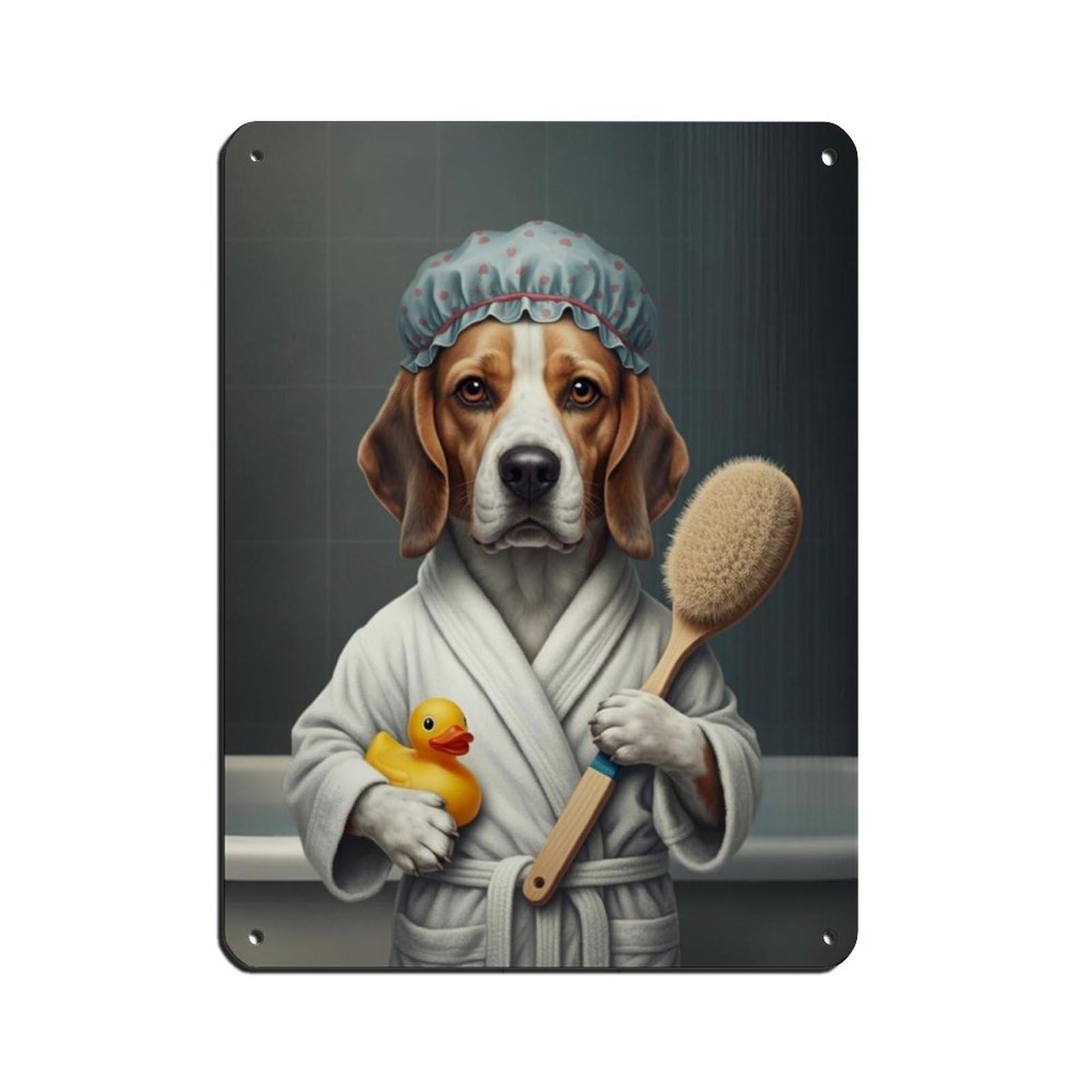 Dog with Rubber Duck Wearing Bathrobe Poster Retro Poster Metal Tin Sign Chic Art Retro Iron Painting Bar People Cave Cafe Family Garage Poster Wall Decoration 12x16inch(30x40cm)