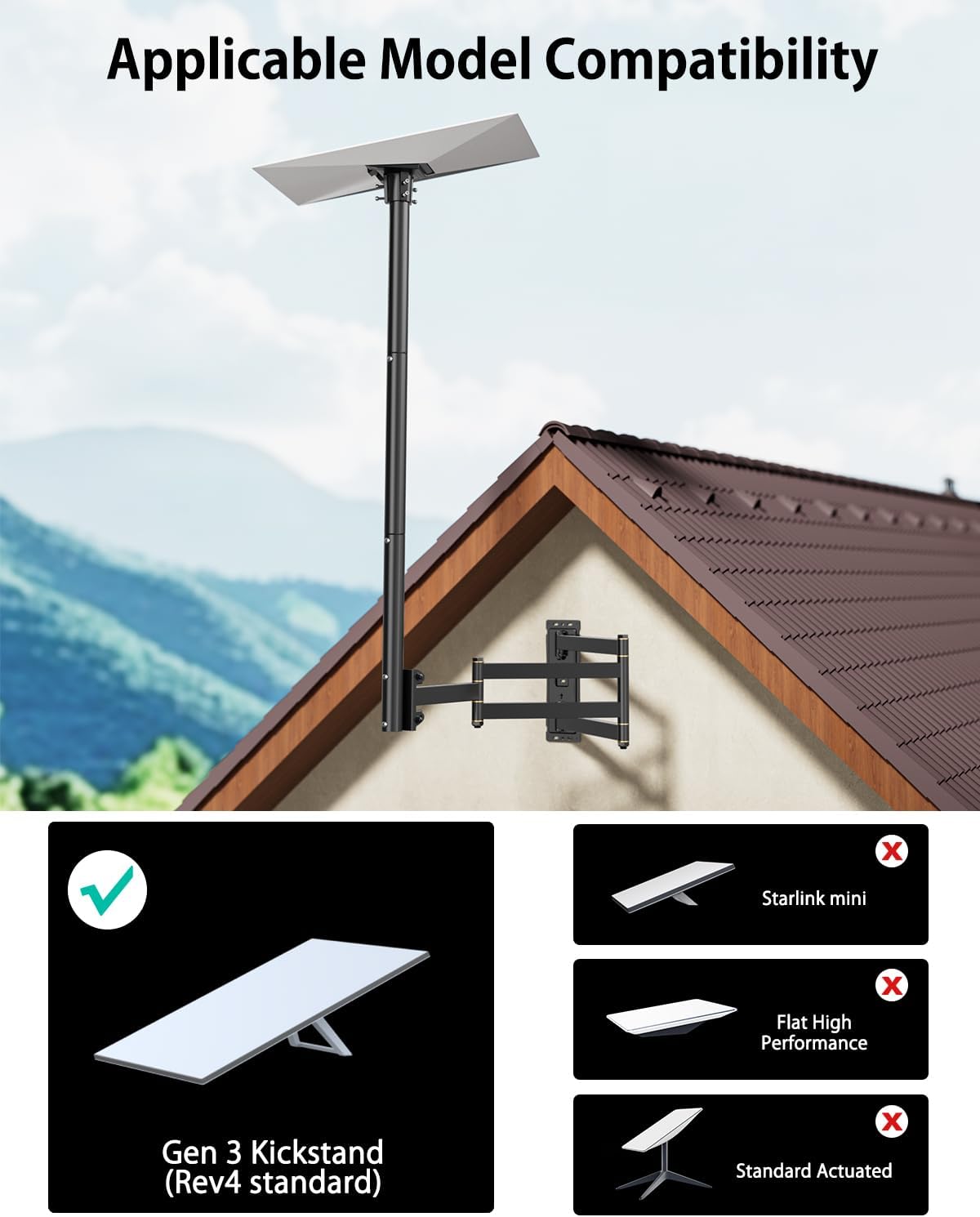 Starlink Gen 3 Standard Wall Mount, Long Arm Wall Mount Fit for Starlink Gens 3, Extension Heavy Duty Pole Mounts with Gen 3 Pipe Adapter Roof for Starlink Internet Kit Satellite