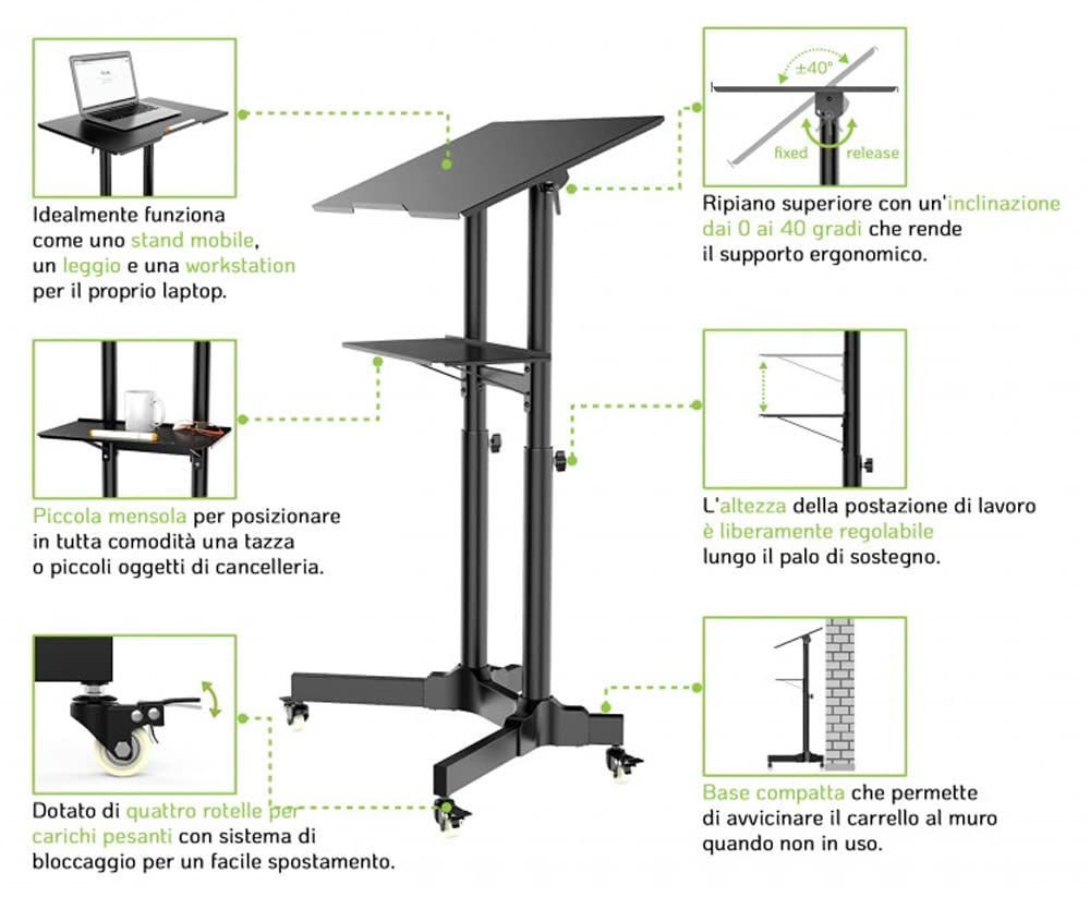 Techly ICA-TB TPM-1BK Notebook Stand Schwarz - Notebook-Ständer (Notebook Stand, Schwarz, Metall, 1030-1250 mm, 0-40°, 620 mm)