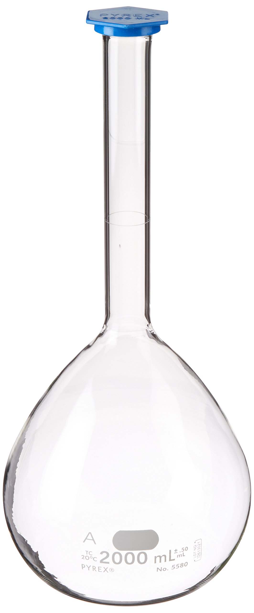 Corning Pyrex Cristal de borosilicato clase A soporte de parte inferior volumétrico frasco con polietileno snap-cap, 2000ml Capacity, 4