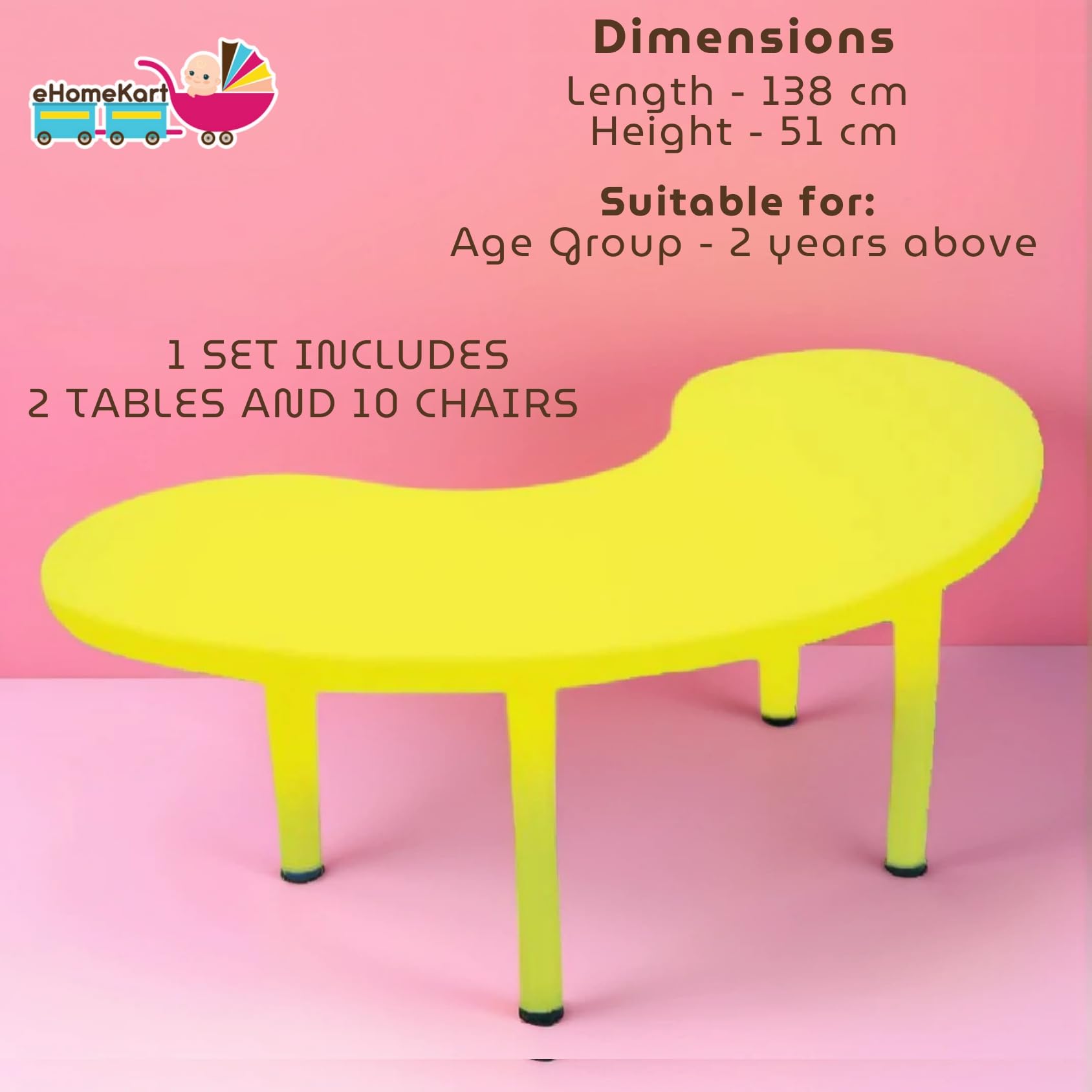 eHomeKart Kids Half-Moon Table Set of 2 with 10 Chairs – Front Round Shape, Perfect for Home Use (53 x 20 x 20 inches) for Kids with Set of 10 Chairs- Perfect Fort Home - Image 5 thumbnail
