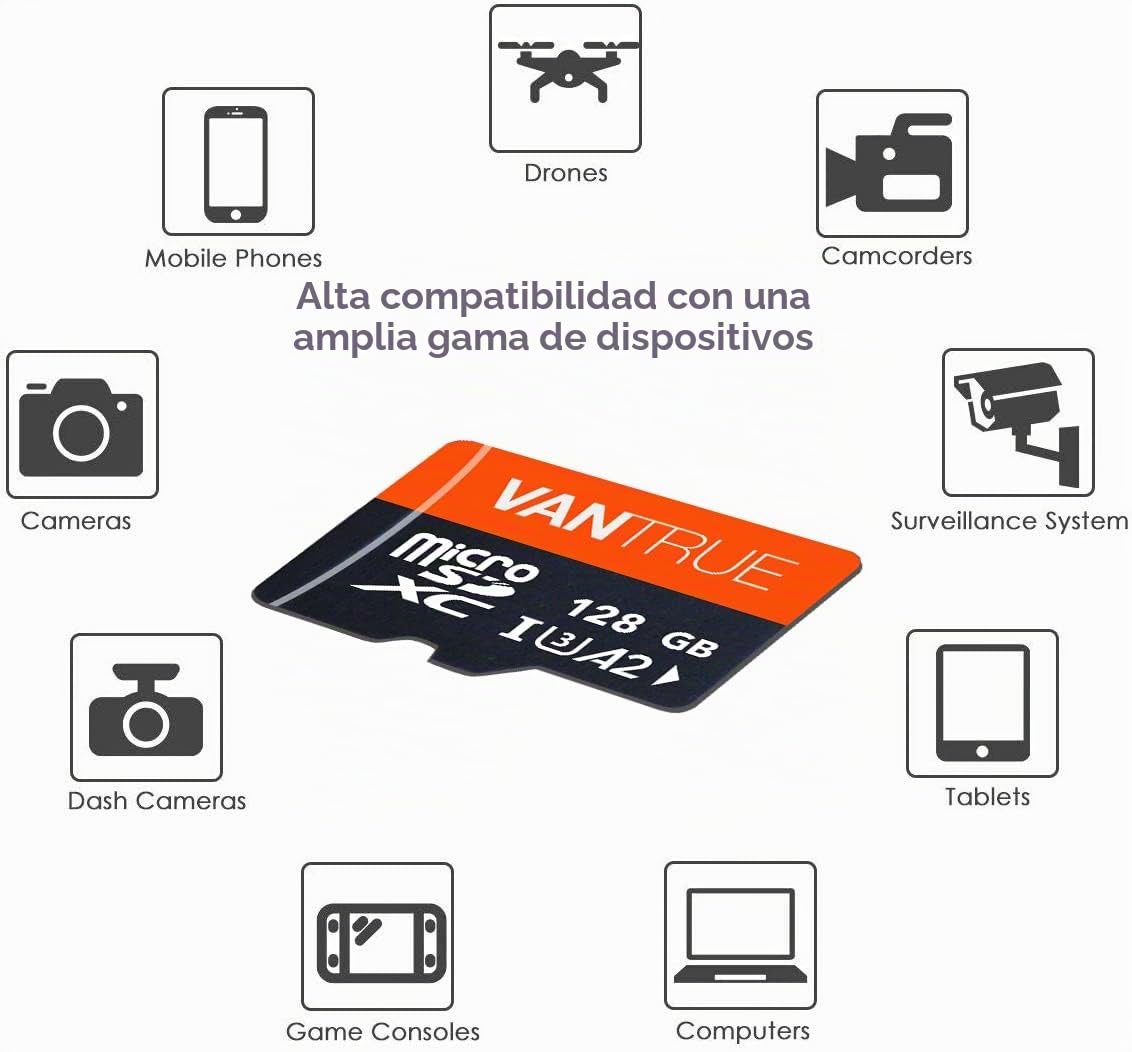 VANTRUE - Tarjeta de Memoria microSD UHS-I U3 A2 4K 128GB con Adaptador Compatible con cámara integrada, Smartphone, Tableta, cámara de acción y cámara de vigilancia (128 GB)