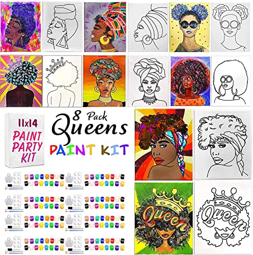 Indigo Art Studio Pre Drawn Canvas Paint Kit for Adults Kids Couples | 8 PACK Discounted Bundle | Afro Queen Coloring Retro | DIY Birthday Gift & Sip and Paint With Twist Party Favor (11×14 Inches)