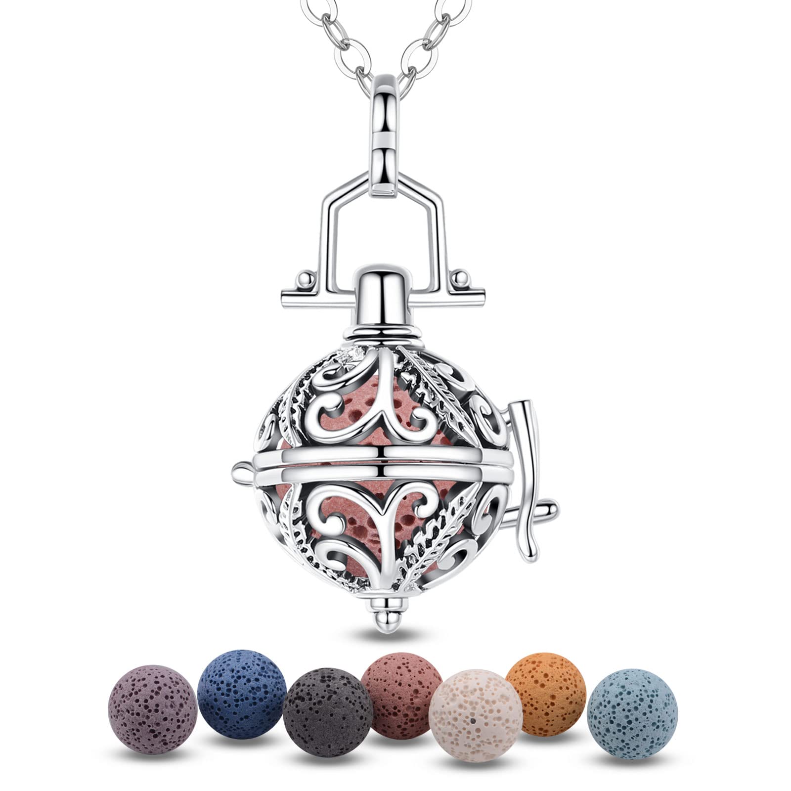 EUDORA Harmony Ball Collana Aromaterapia Ciondolo con Oli Essenziali per Donna, Collana con Diffusore Regalo di Gioielli per Ragazze con 7 Pezzi di Pietra Lavica, 24 Pollici