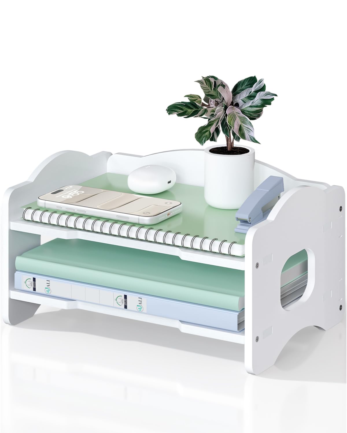 Photo 1 of WALI Desk File Organizer, 2 Tier Stackable Desktop Paper Letter Tray Organizer with Handle, Office Desk Accessories & Workspace Organizers for Office, Home, School Supplies, 1 Pack, White