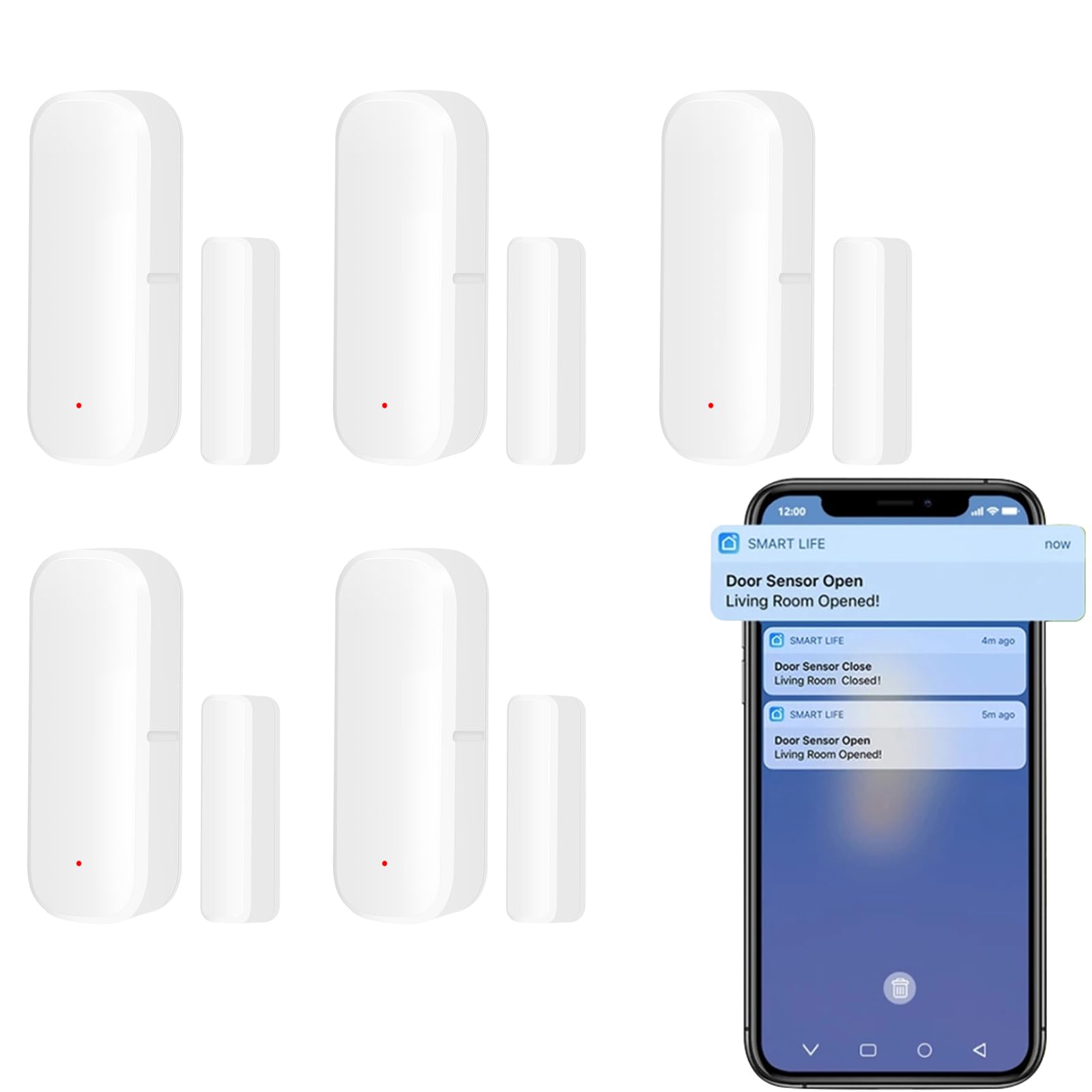 Sensor de puerta inteligente 5xWiFi, sensor de ventana de puerta: notificaciones push de la aplicación de alarma de sensor de ventana de puerta inalámbrico Tuya, sensor de contacto de ventana inalámb