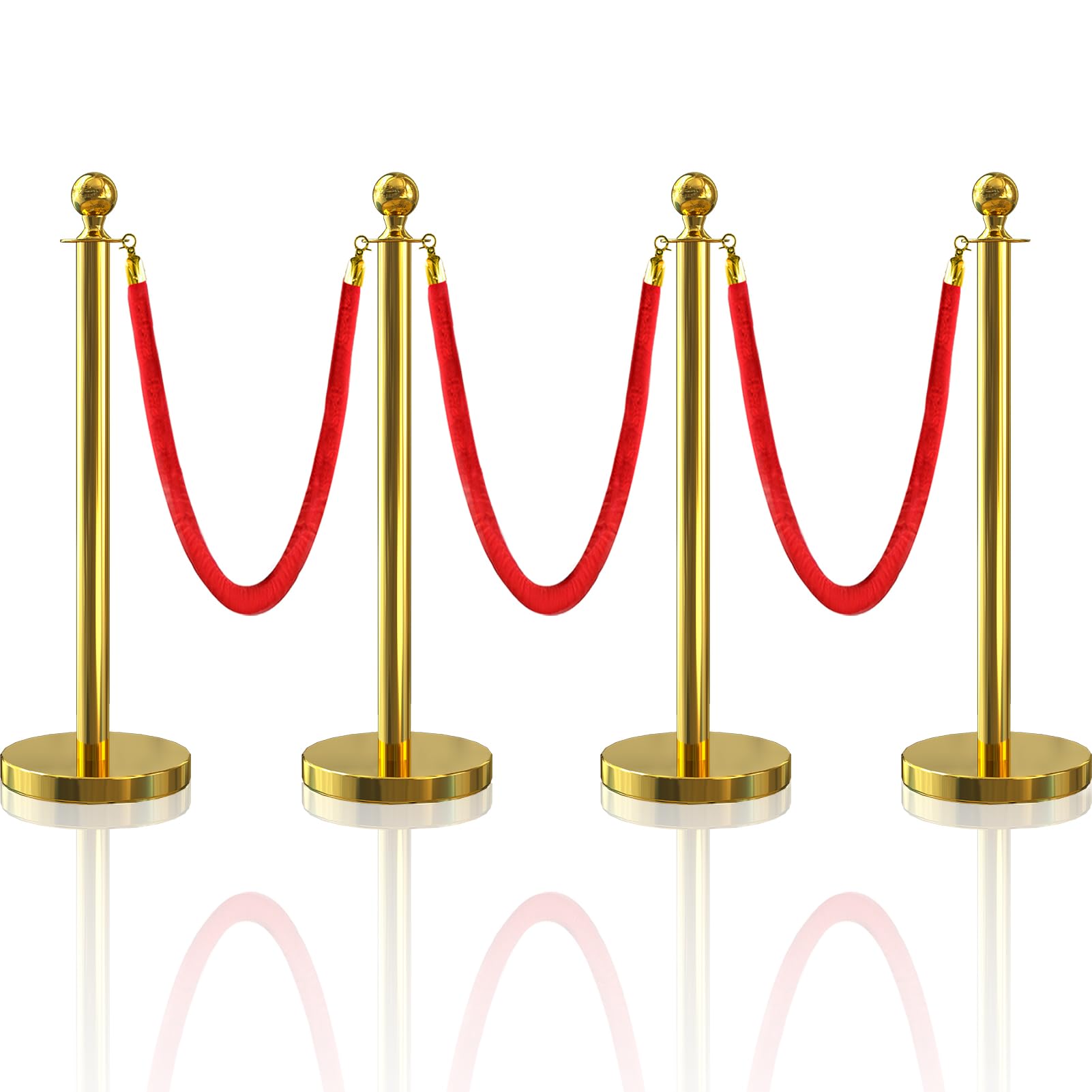 4Pcs Gold Stanchion Post Queue Velvet Ropes and Posts with Soild Base and 3pcs 5 Ft Red Velvet Ropes Carpet Ropes Posts Stanchion Set Crowd Control Barriers for Party Supplies