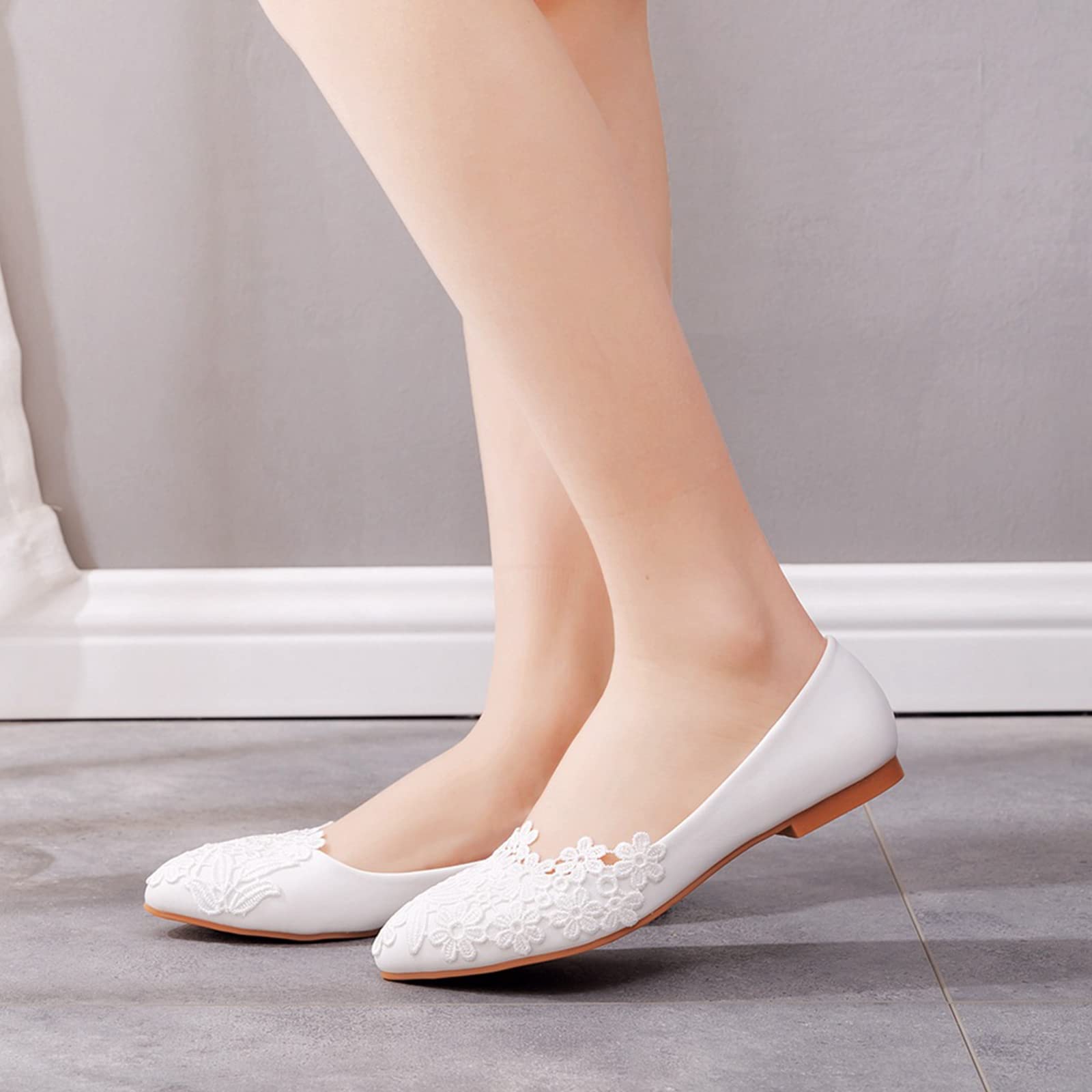 Femme Élégant Bout Pointu Fleur Dentelle Perle Chaussures de Mariée Escarpins Semelle Souple Ballerines