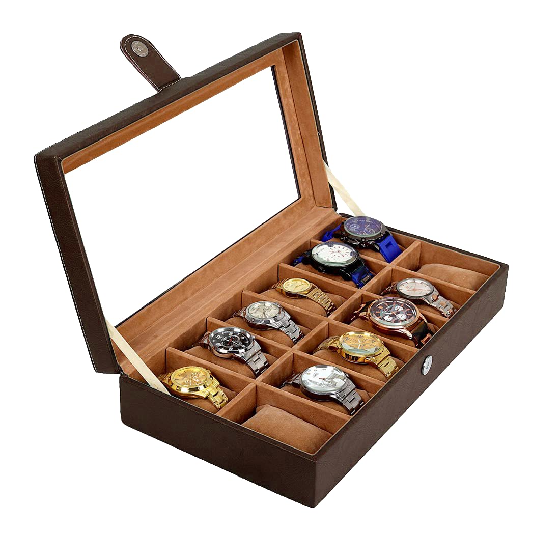 Leather World Scatola per orologi in finta pelle – Scatola per orologi da uomo – Organizer per orologi da donna – Porta orologi da polso 12 slot – elegante e espositore – marrone