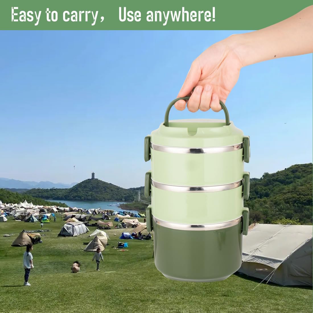 Boîte Repas 3 Couches Acier Inoxydable SANQIAHOME – Lunch Box Étanchéité, Style Nordique Vert, 2300 Ml