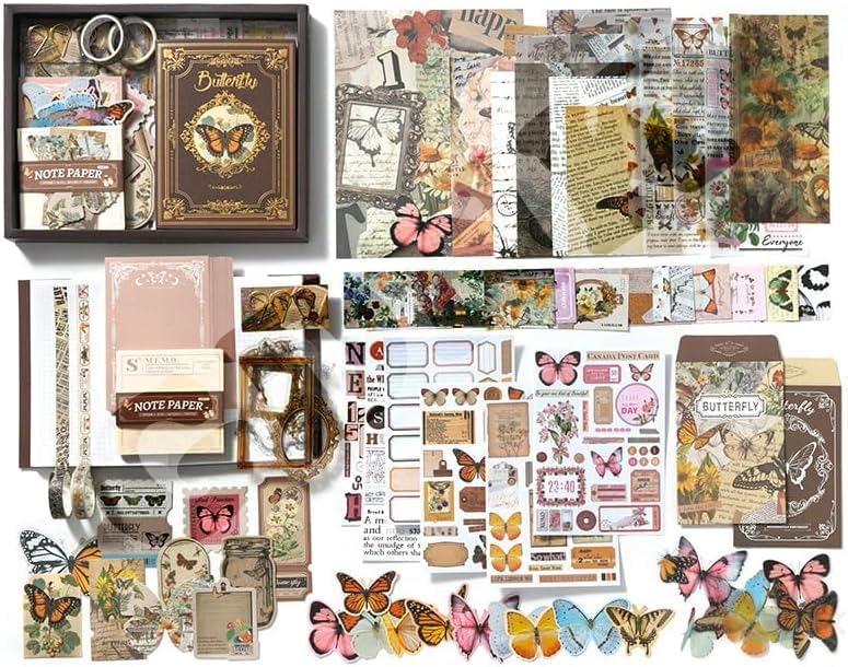 Image of GDNK Scrape Book Kit Scrapbooking Kit Vintage Journal Scrapbook Pack DIY Paper Stickers, Craft Kits Notebook, Collage Album Aesthetic Sticker Journaling Scrapbook Photo Album (Brown Butterfly)