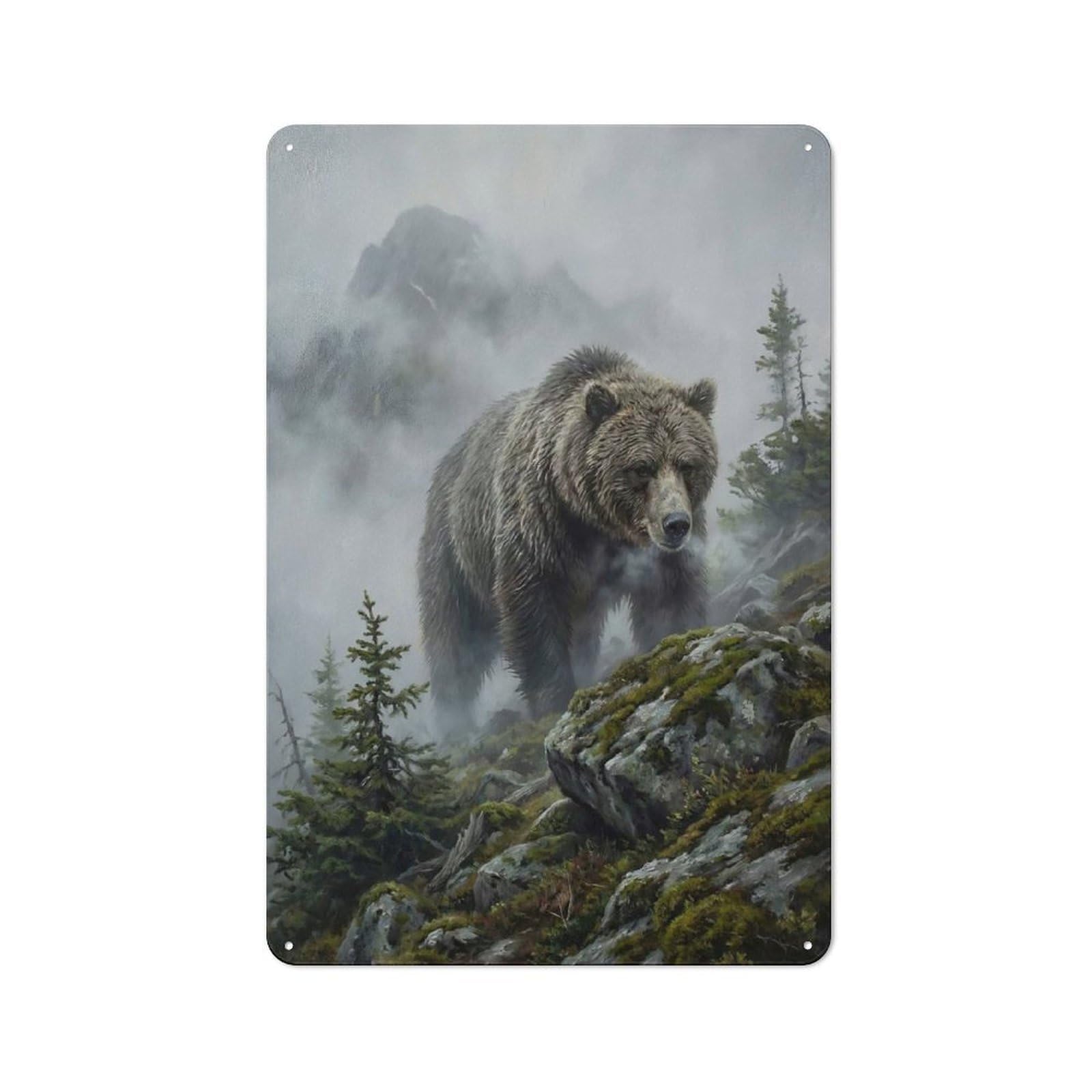 Junmoney Style-1 Tin Wall Plaque 30X20cm With Grizzly Bear In Misty Mountain Landscape For Bar Or Restaurant, For Hospitality Decor Collectors