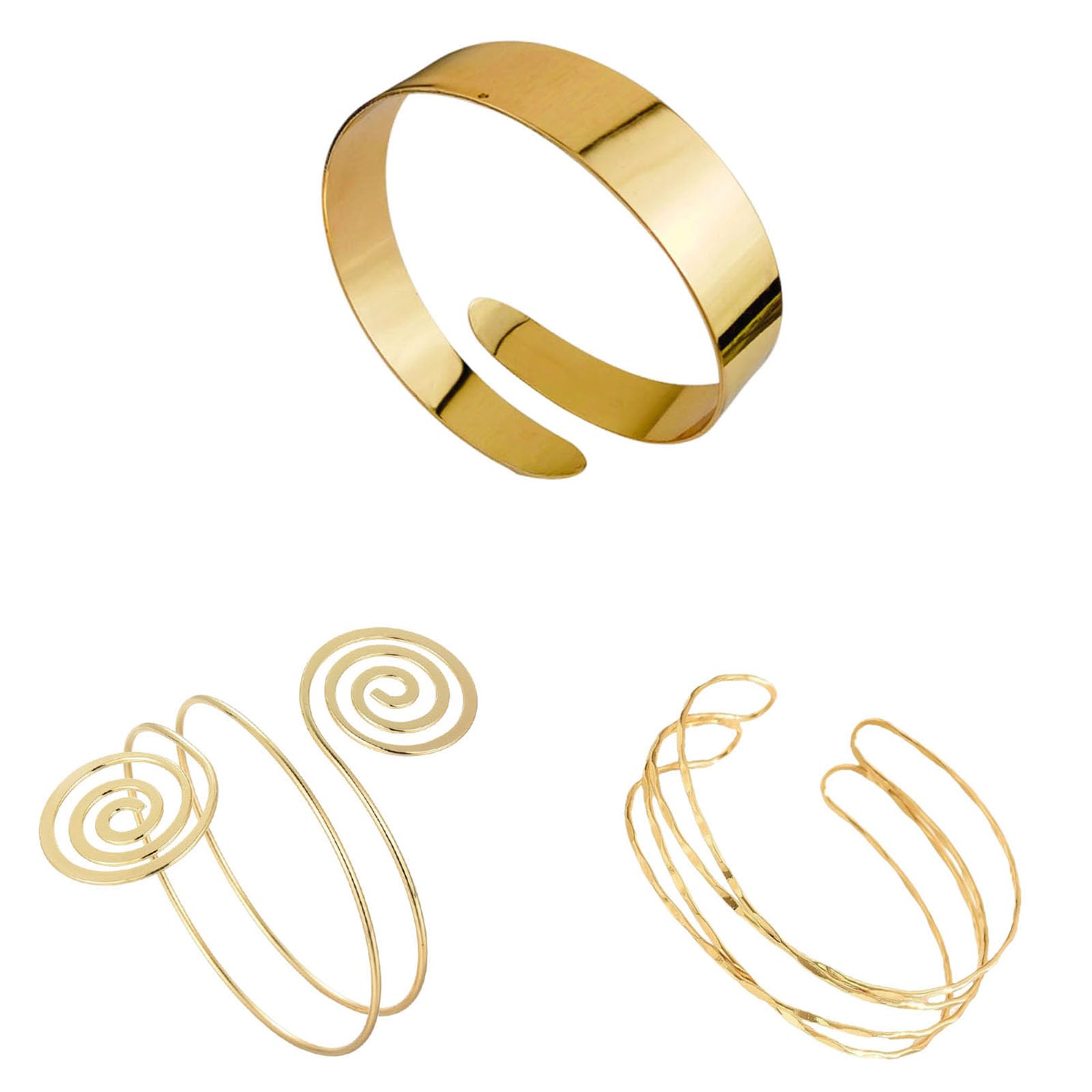 fufupaw 3 piezas de brazalete dorado para la parte superior del brazo, brazalete dorado, diseño de espiral y cuatro líneas, pulsera minimalista para uso diario y ocasiones especiales, moda combinada