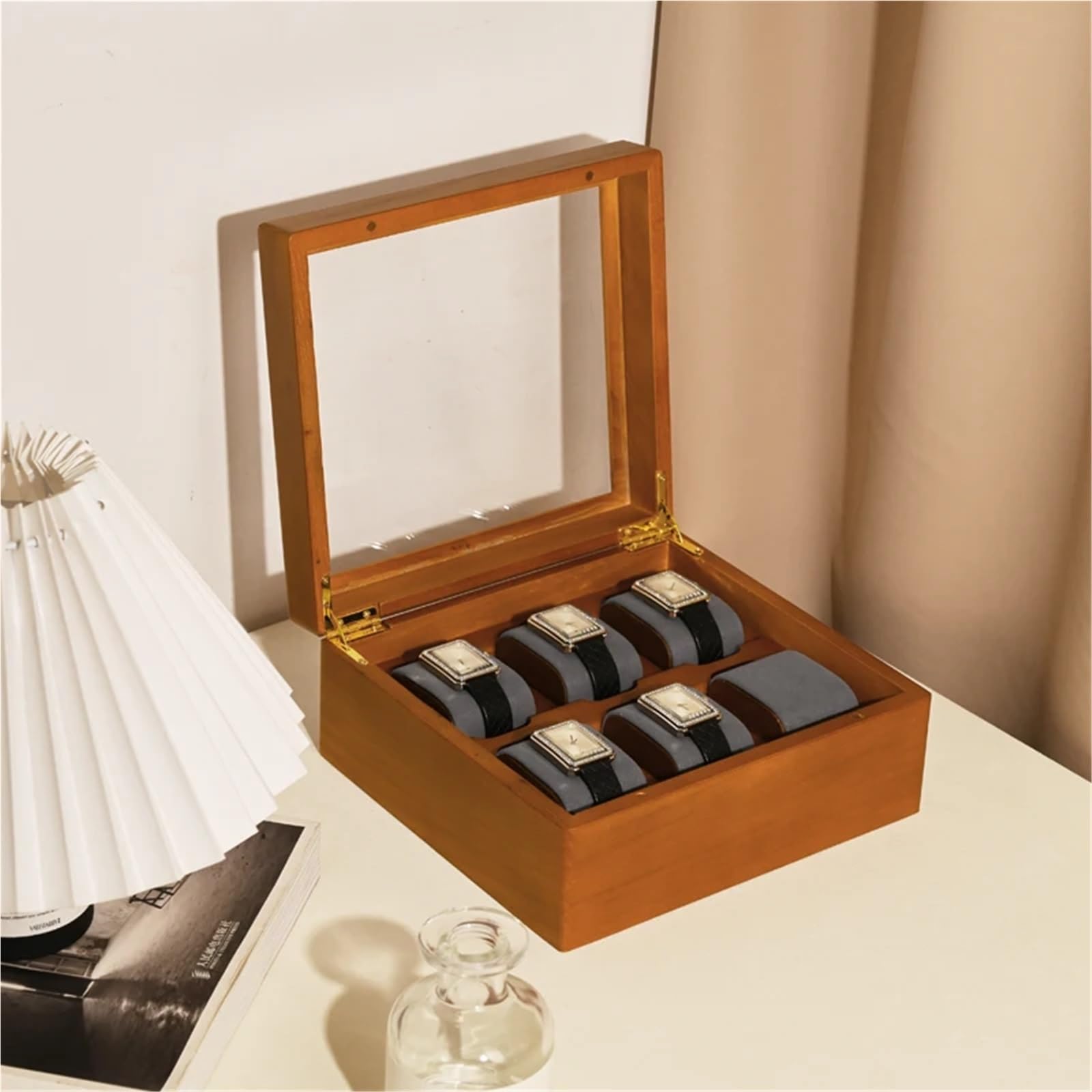 Caja de almacenamiento reloj madera Cubierta vidrio a prueba polvo