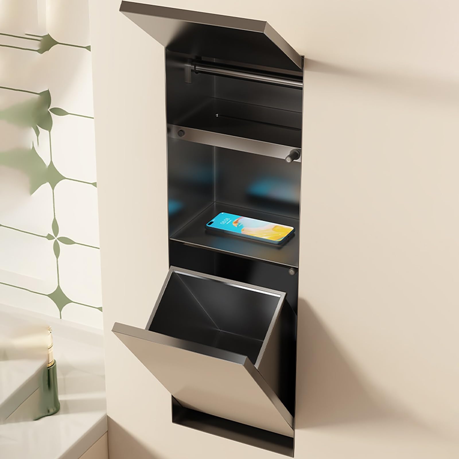 Portarrollos para Papel Higiénico Empotrable con Papelera Integrata y Hornacina, Acero Inoxidable 304, Armario de Baño Empotrado para Ahorro de Espacio y Reforma(790x340x140mm)