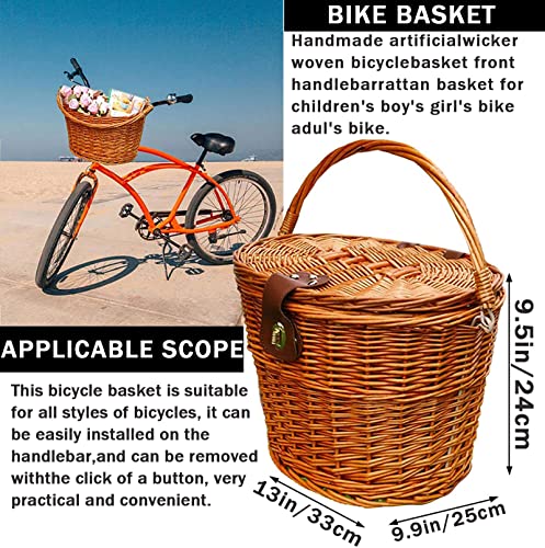 Fahrradkorb Vorne Rattan, Große Kapazität 20L Fahrrad Korb Fuer Vorne mit Deckel/Halterung/Tragegriff, Abnehmbar Weidenkorb Geflochten, Vorderradkorb Radkorb für Erwachsene, Braun