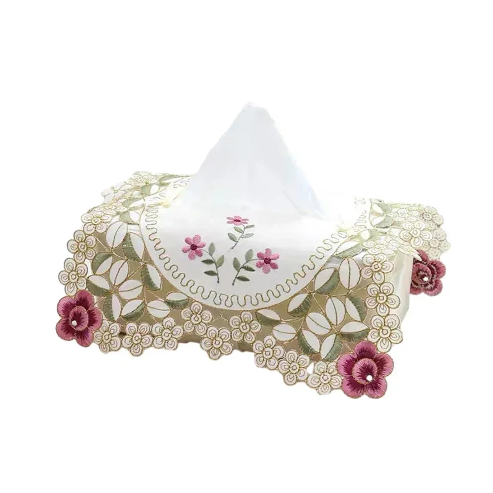 Lace Fabric Tissue Box Exquisite Vintage Lace Fabric Tissue Box Cover Embroidery Pastoral Style Embroidery Fabric Tissues Box Cover(Rose red)