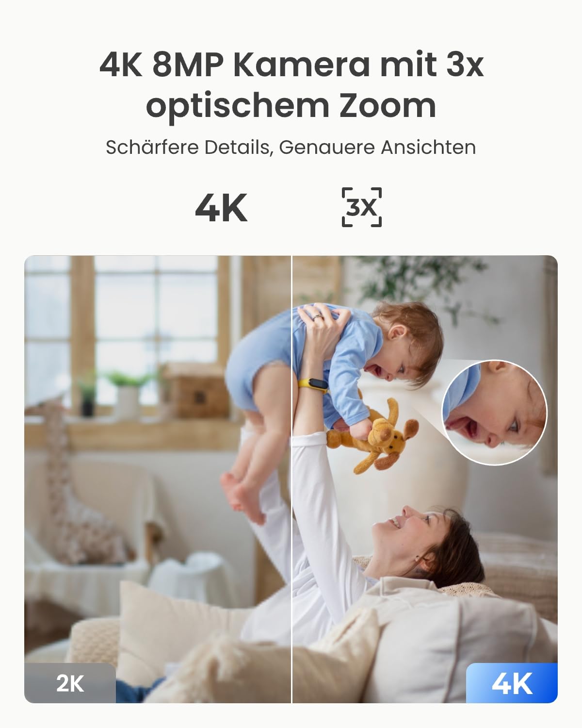 Reolink 4K PTZ WLAN Überwachungskamera Innen, 2,4/5 GHz Wi-Fi 6, Babyphone mit Kamera, 3X Optischer Zoom, Auto-Tracking, Indoor Kamera für Kids, Hundekamera, Mensch/Haustier/Schreierkennung, E1 Zoom