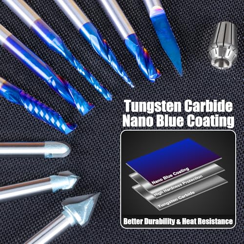 Image of FoxAlien 1 /4 inch Shank 3D Carving Router Set - V-Groove, Spiral End Mills, Tapered Bit for Wood Relief Carving, Woodworking, Lettering (10-in-1) - Includes 1 /4 inch ER11 Collet