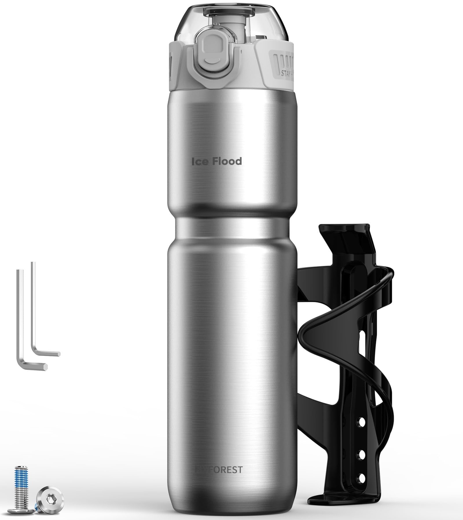 MYFOREST 700ml Isolierte Fahrrad-Trinkflasche, geruchsneutrale Innenschale aus chirurgischem Edelstahl, verbesserter Griff für unebenes Gelände, Schnellöffnungs, Schmutzkappe (Glänzender Stahl Kombi)