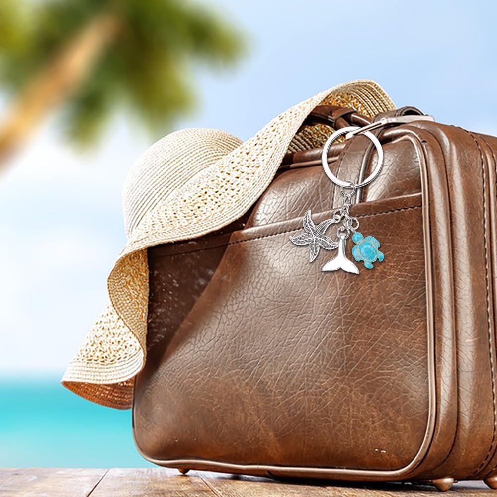 SaiDian 1 Pcs Ocean Keychain Fashion Creative Silver Key Ring Turtle Starfish Pendant Metal Keychain Gift for Beach Lover