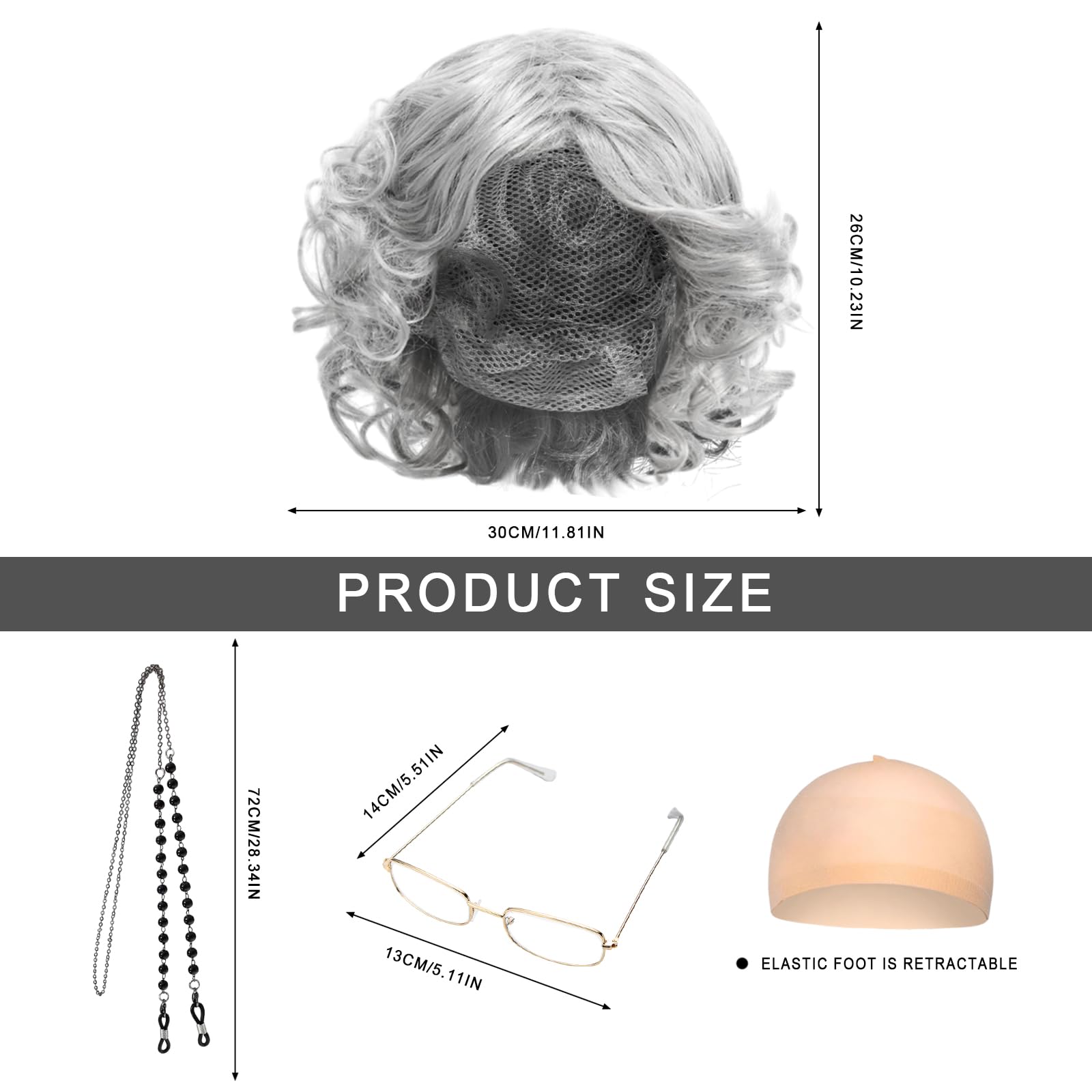 FUIPVGI Set per travestimento da vecchia signora, set di parrucca grigia con parrucca da nonna, occhiali con kit di accessori per catena, cuffia per parrucca per Halloween, Giornata mondiale del libro
