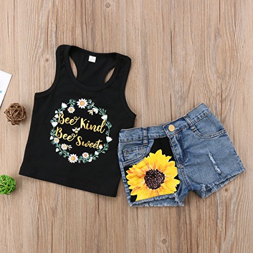 Honganda Fashion 2Pcs Toddler Kids Baby Girl Sunflower Outfits Sleeveless Tank Top+Denim Shorts Summer Clothes (Black, 2-3T)