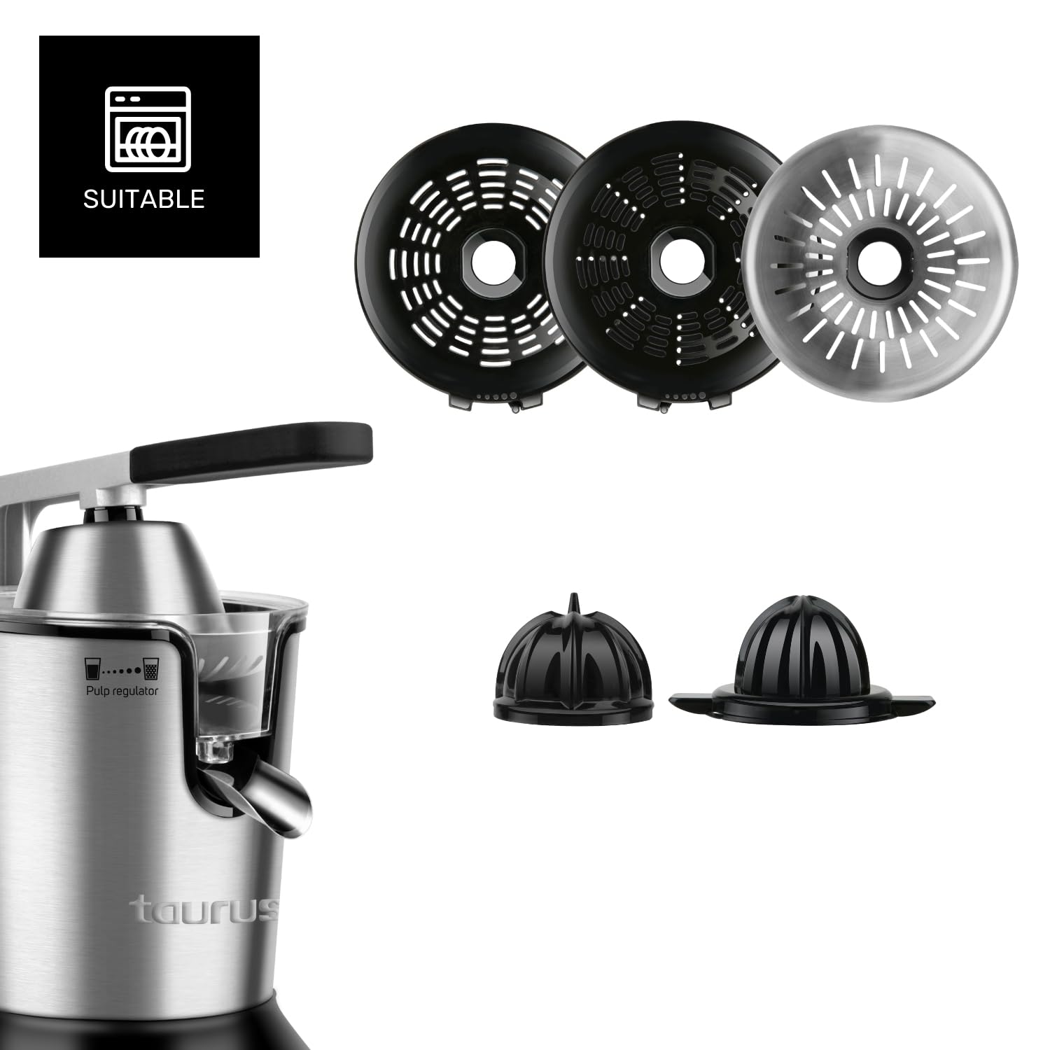 Taurus Easy Press 300 - Presse agrumes électrique levier professionnel 300W, Inox, Moteur à courant alternatif, 650ml, 2 cônes pour tous les agrumes, Filtre en inox et filtre régulateur de pulpe