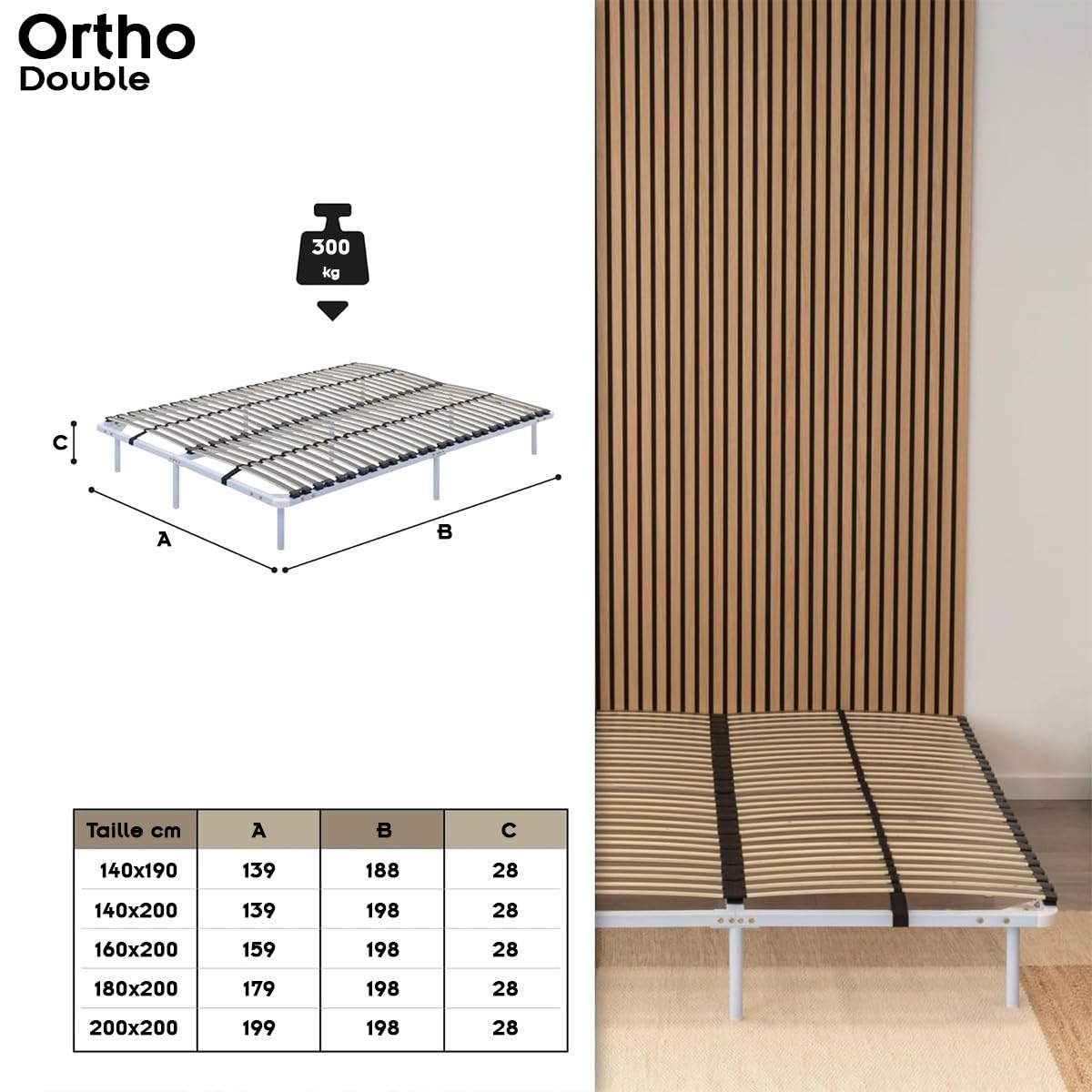 Mon Mobilier Design Ortho Sommier en Acier à Lattes avec Bande stabilisatrice Blanc 180x200 cm avec Pieds
