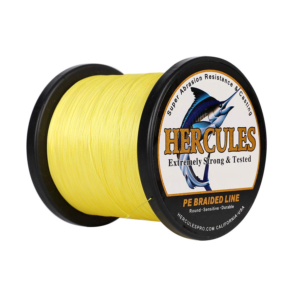 Hercules Braided Fishing Line 1500m 1640yds 6lbs-100lbs Pe Superline 4 Strands (Yellow 30lb/13.6kg 0.28mm)