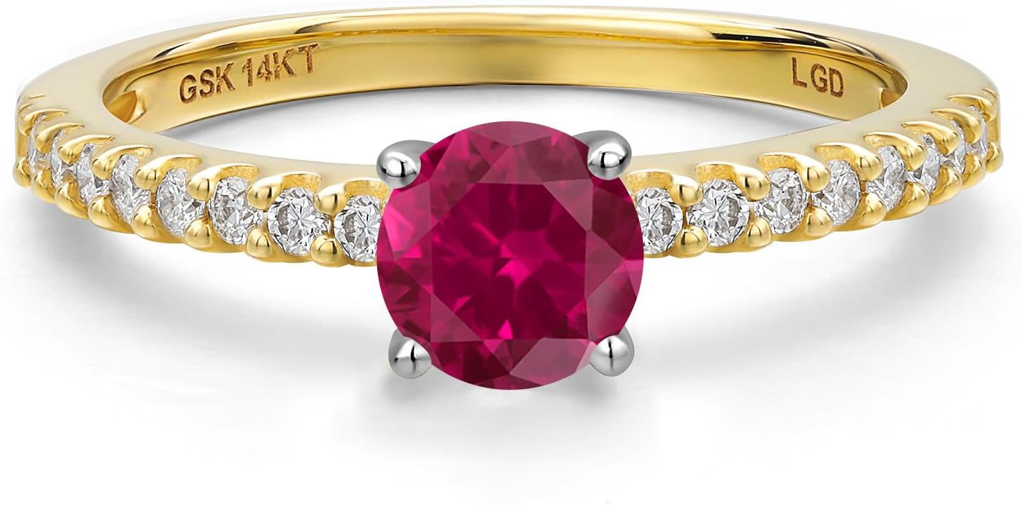 Gem Stone King 14K Yellow Gold Red Created Ruby and Lab Grown Diamond Engagement Ring For Women | 0.76 Cttw | Round 5MM | Gemstone July Birthstone - Image 3