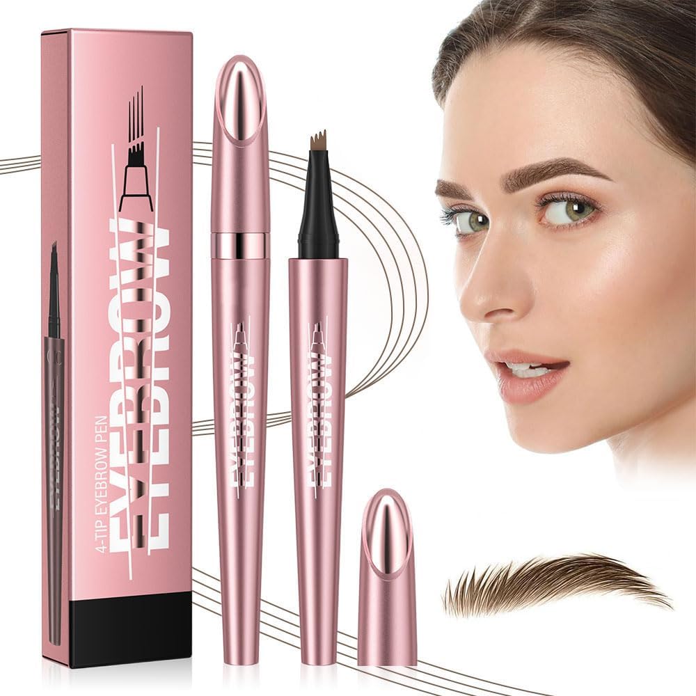 Microblading Eyebrow Pencil, 3D Waterproof Eyebrow Pen with 4 Fork Tip for Natural-Looking Hair-Like Defined Brows, Long-lasting Natural Makeup Fine Stroke Eyebrow Pencil (1# Light Brown)