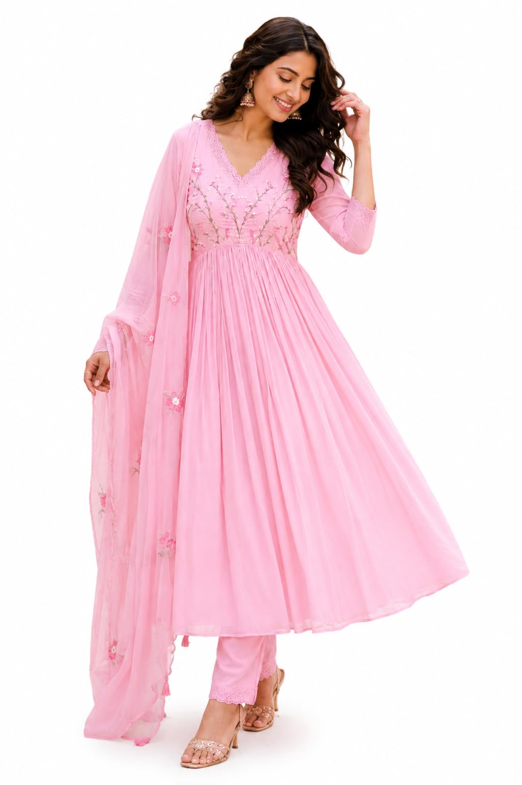 Women's Cotton Embroidered Kurta Pant Set with Malmal Dupatta Green & Pink Floral Kurta Set 3 Piece Ethnic Suit Set Straight Pant Festive, Casual, Office & Party-image-19