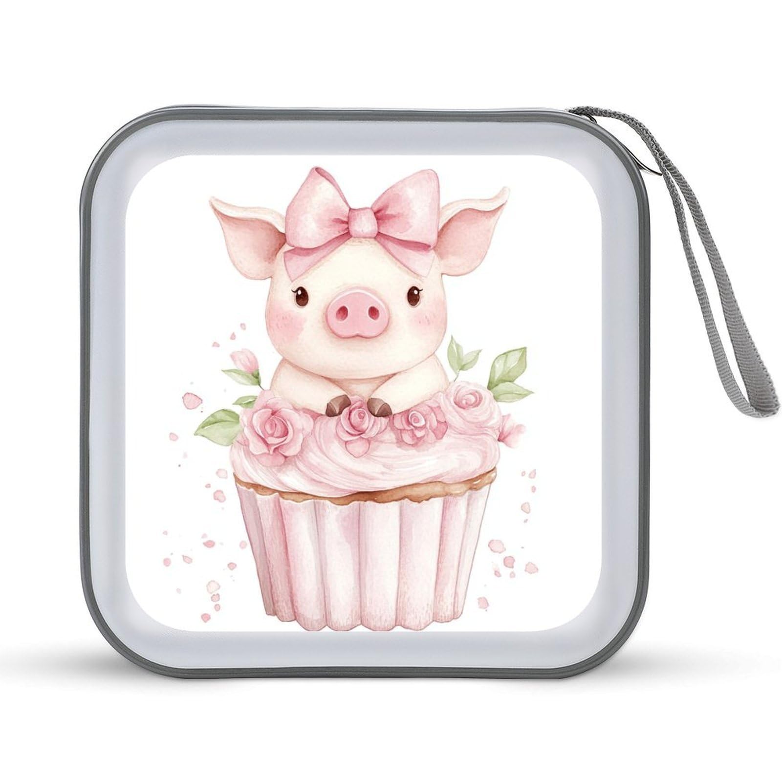 DuduYH Cute Pig Cupcake Pink Ribbon Flowers CD Case DVD Storage Case Portable for Car Home Travel