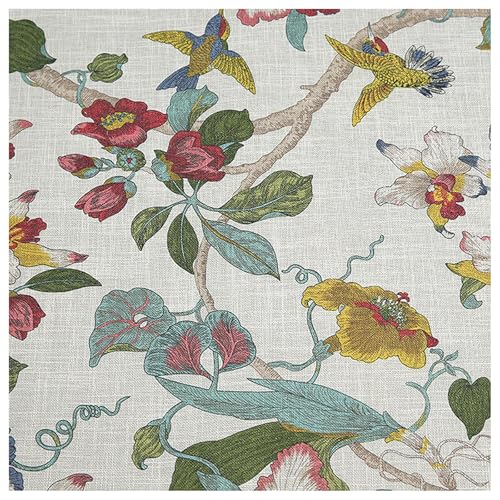 TSWNG Tissu en lin imprimé 100 x 148 cm - Vendu au mètre - Tissu d'ameublement - Motif fleurs et oiseaux - Vintage - À coudre avec motif - Tissu décoratif...