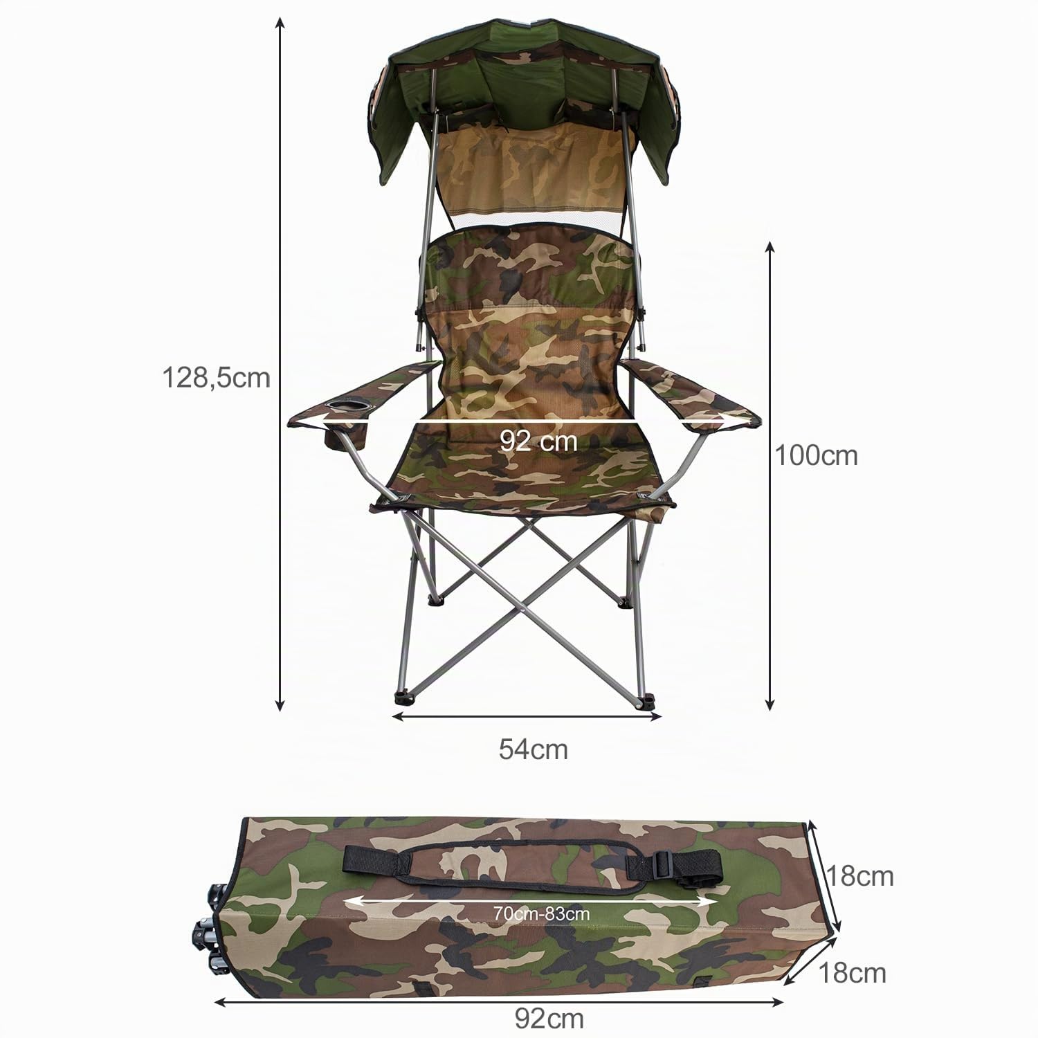TRIZAND Chaise de pêche pliante avec accoudoirs, porte-gobelet, parasol jusqu'à 100 kg, pliable, dans sac de transport, motif camouflage