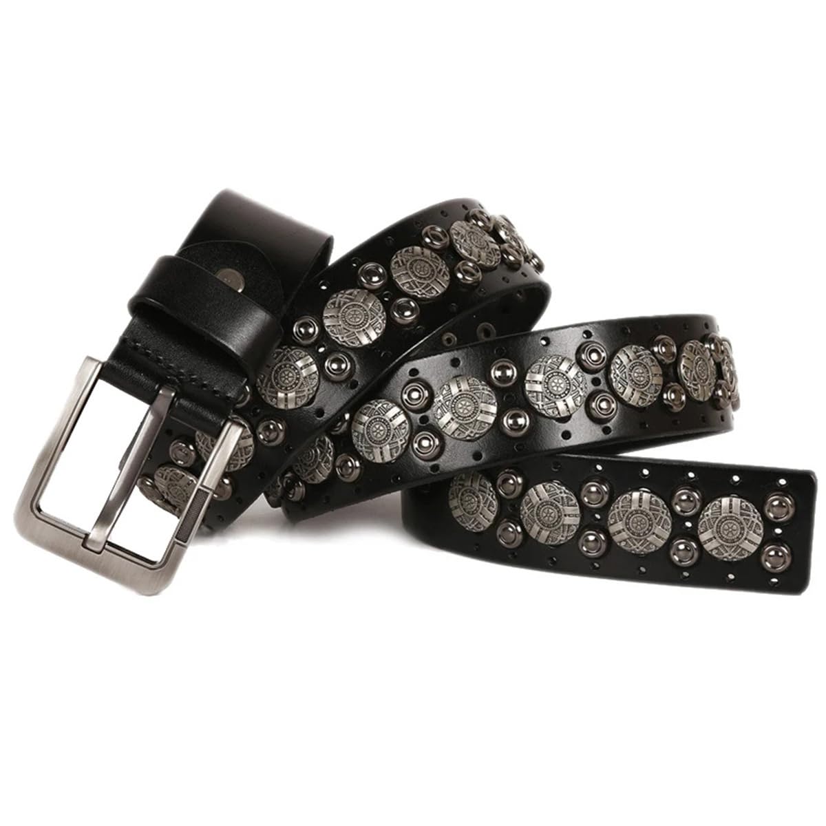 Jeansgürtel Mit Metallnieten, Echtes Leder, Rindsleder, Herrengürtel, Punk-Nieten, Jeansgürtel