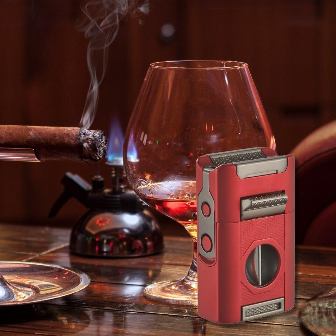 Personalized Visol Joplin Quad Torch Multi-Tool Table Lighter, Built in Guillotine and Wedge Cutters, Butane Refillable Adjustable Flame Lighter (Shipped Without Butane) with Free Engraving (Red)