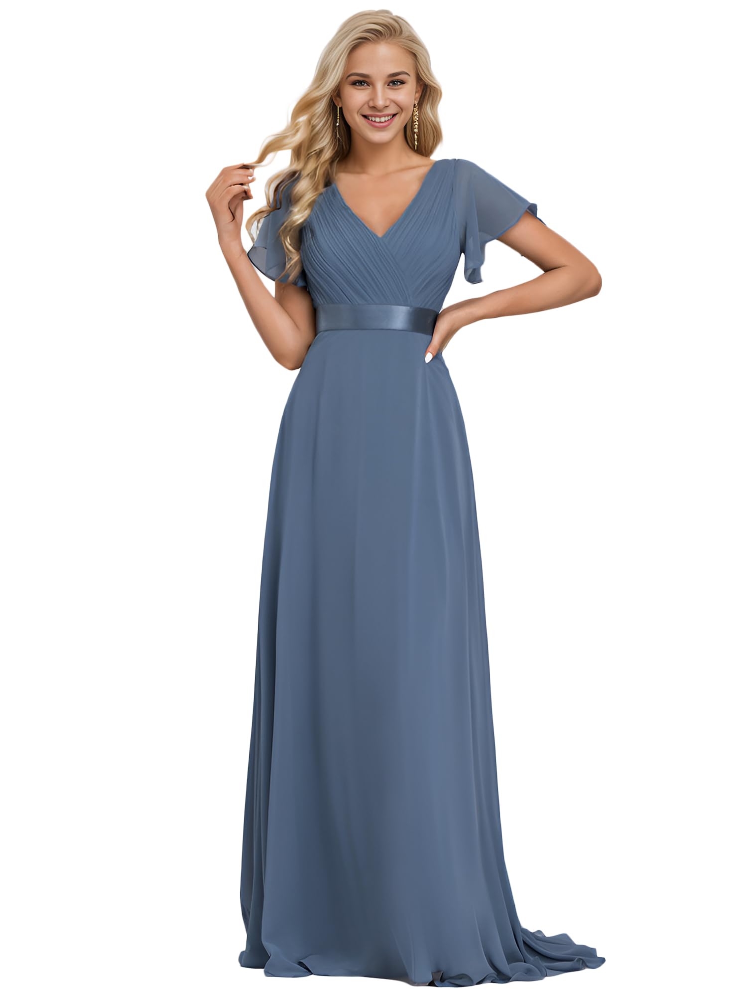 Ever-Pretty A-línea Vestido de Fiesta Cuello en V Manga Corta Gasa Corte Imperio para Mujer 09890