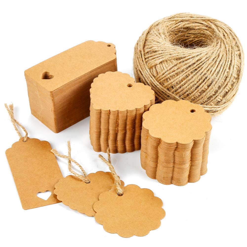 300 pieces gift tags Kraft paper labels, Vegena gift tags paper tags Hang tags Hang tags with heart and jute cord 100M luggage tag price tag for wedding DIY decoration