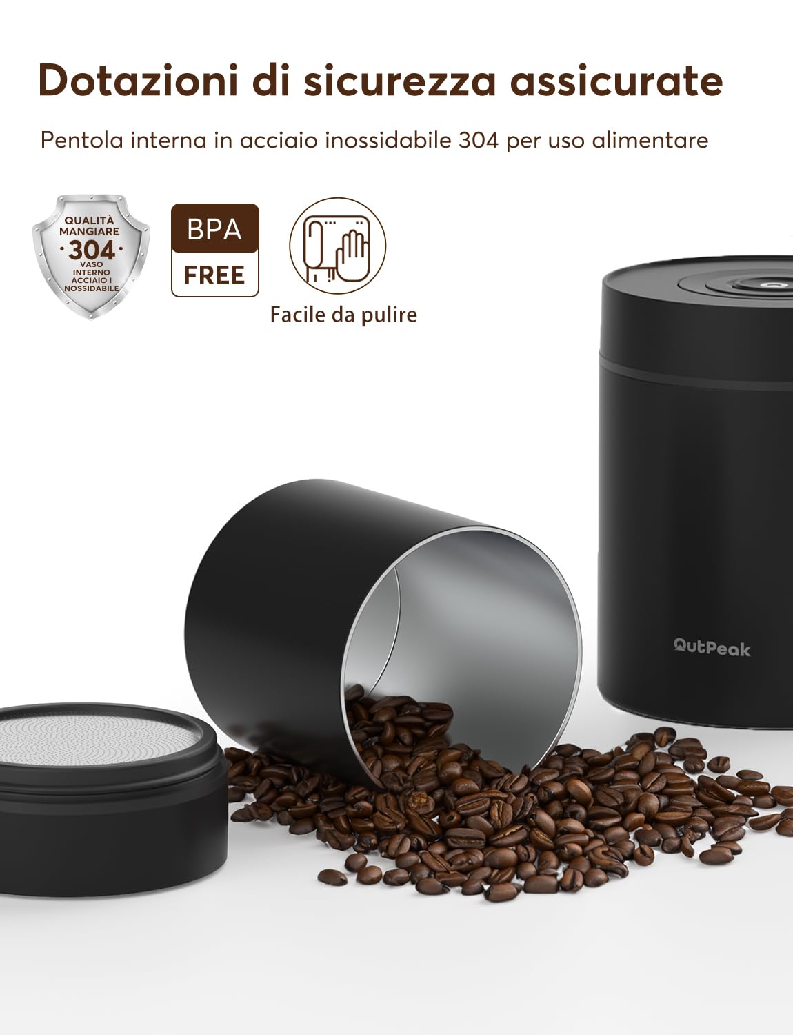 OUTPEAK Neo 2025 Kilo - Barattolo Sottovuoto Automatico per Caffè, Capacità 1,5 L, per Chicchi in Grani, Funzionamento Con Un Pulsante, Contenitore in Acciaio Inox