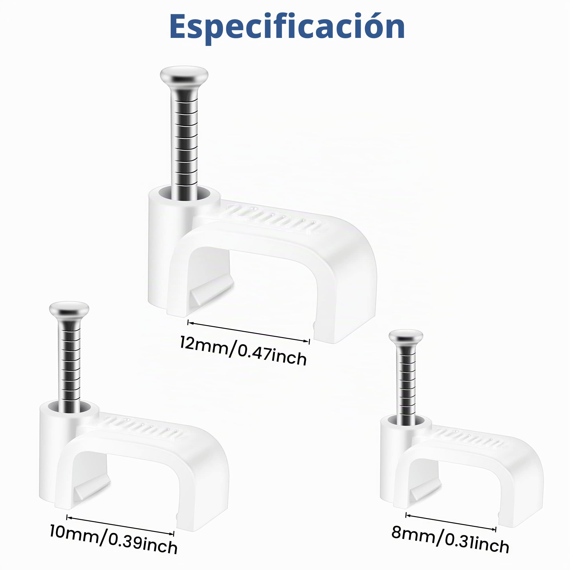 Clips Planos Blancos para Cat6 Cat7 Ethernet en la Pared con Clavo de Acero 10 mm - Soporte para Cable