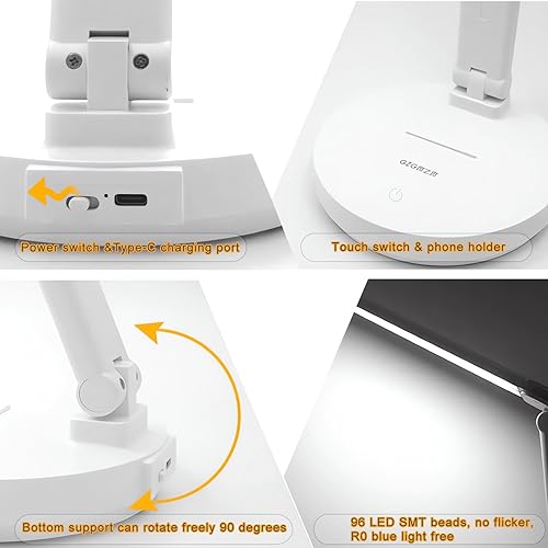 Miniatura 3 de Lámpara de escritorio, lámpara recargable inalámbrica LED, 2800K-6500K CCT luces de lectura de doble brazo oscilante para libros en la cama, lámpara