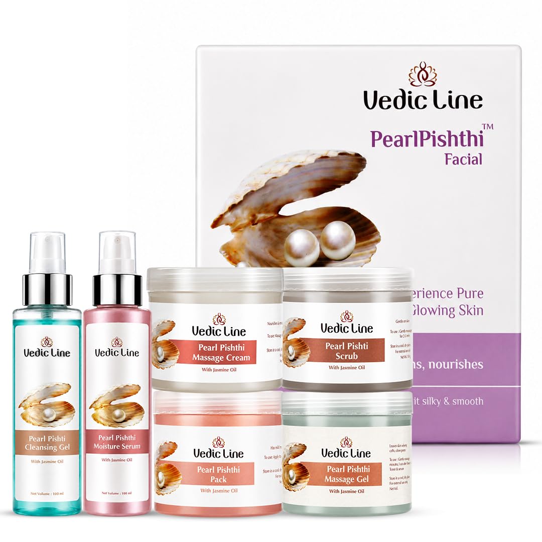 Vedic Line Pearl Pishthi Facial Kit Makes Skin Pores Squeaky Clean, Gives Pearl Like Glow With Jasmine Oil, Olive Oil, (Cleanser, Scrub, Massage Cream, Massage Gel, Pack), 600Ml, 1 Count