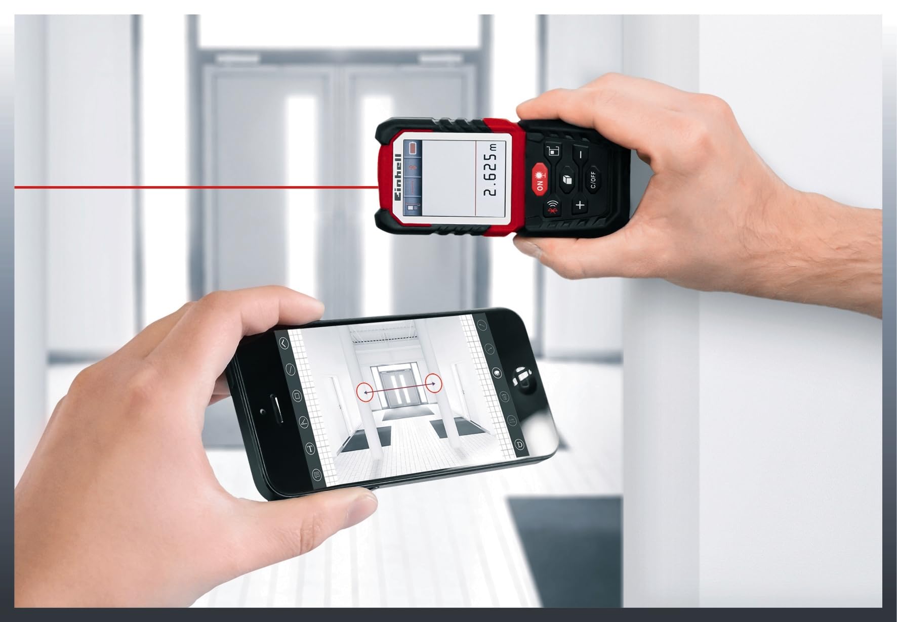 Einhell Distanciómetro láser TE-LD 60 (rango de medición 0,05-60 m, medición de distancias, áreas y volúmenes con sumas y restas, documentación vía app, seguridad, Pitágoras, función de replanteo)