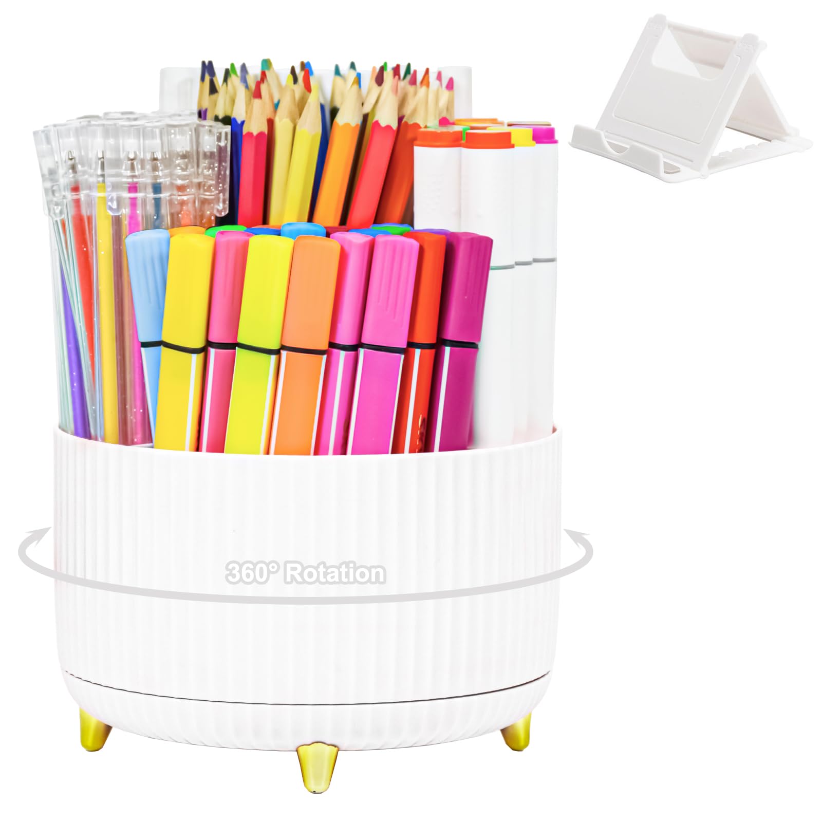 SAYEEC Rotating Pen Holder 5 Slots Desk Organizer with Adjustable Phone Stand White Makeup Brush Holder Organizer Cute Pencil Cup Pot Art Supply